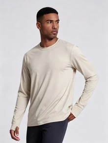 Coreblaze Men's Solid Color Crew Neck Long Sleeve Casual Fitness Sports T-Shirt - Apricot - View 4