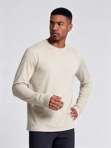 Coreblaze Men's Solid Color Crew Neck Long Sleeve Casual Fitness Sports T-Shirt - Apricot - View 3