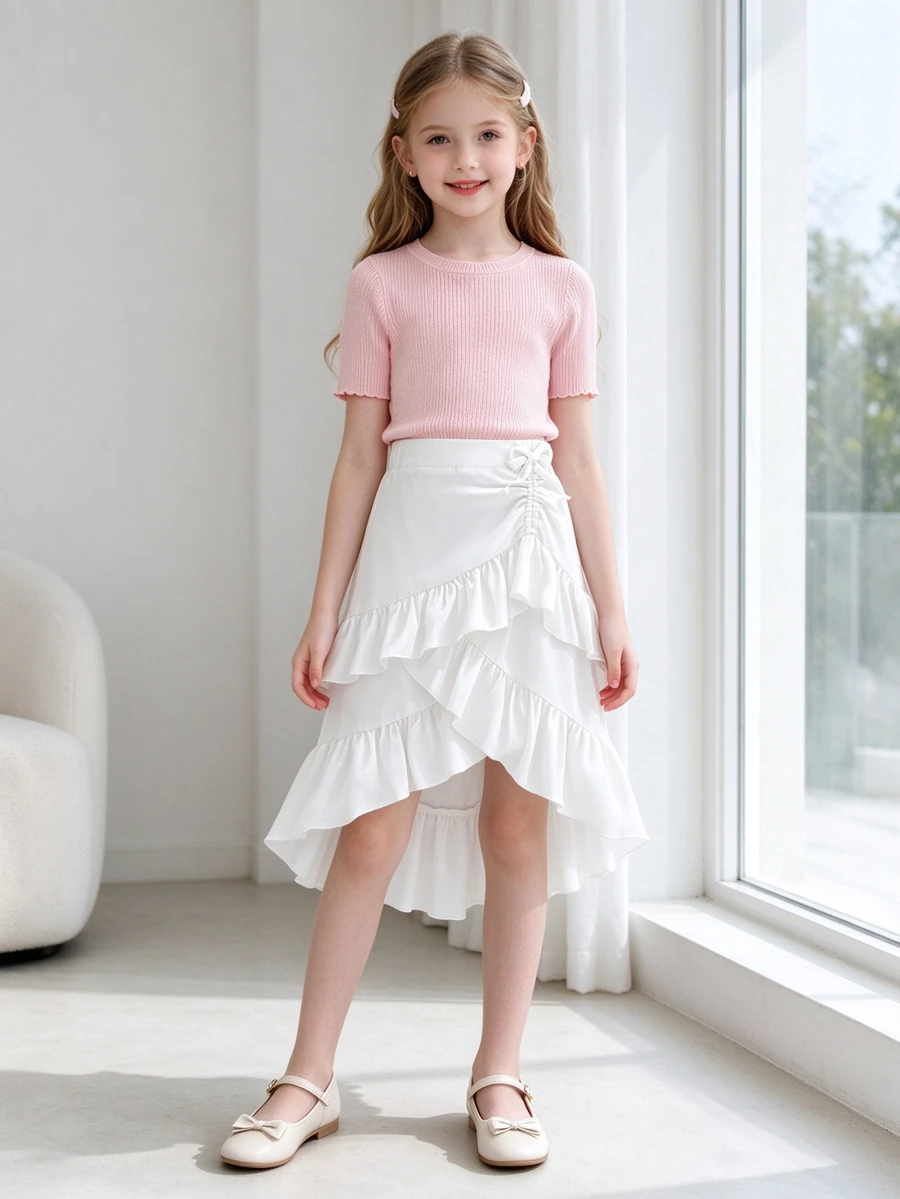 Young Girls Solid White Ruffle Layered Skirt Elastic High Waist Bow Ruched Asymmetrical High Low Tiered Skirts Summer Fall Casual Cute Dance Bottoms - White - View 1