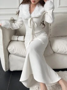 Feyla Women's Solid Color Fur Collar Long Sleeve Front Tie Top And Skirt Elegant 2 Pieces Set - White - View 5