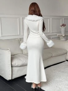 Feyla Women's Solid Color Fur Collar Long Sleeve Front Tie Top And Skirt Elegant 2 Pieces Set - White - View 2