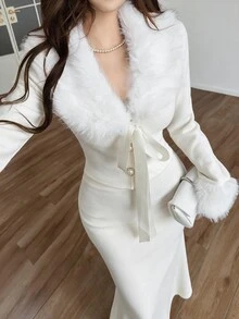 Feyla Women's Solid Color Fur Collar Long Sleeve Front Tie Top And Skirt Elegant 2 Pieces Set - White - View 1