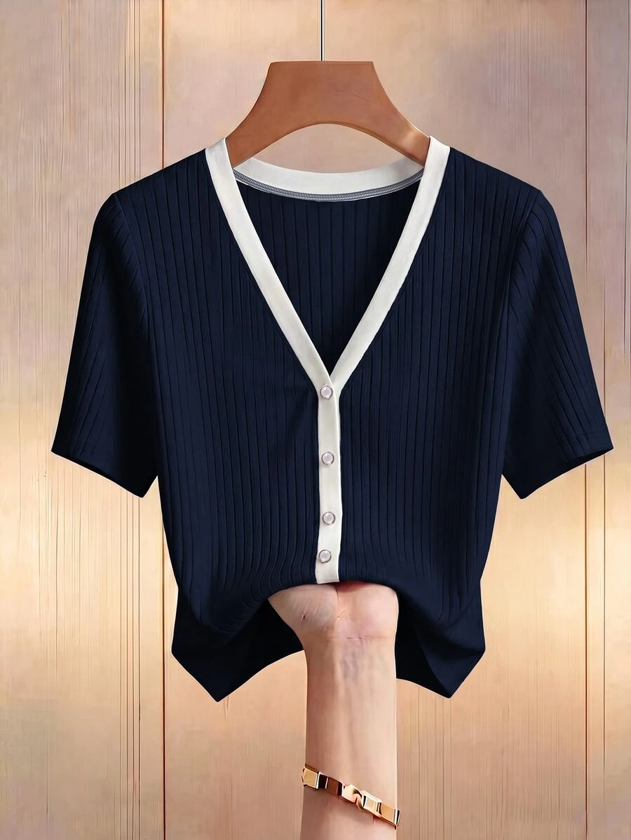 GlowEve CURVE Plus Size Contrast Color V-Neck White Ribbed Knit Short Sleeve Women Summer Fitted Slimming Chic T-Shirt - Navy Blue - View 1