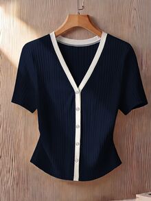 GlowEve CURVE Plus Size Contrast Color V-Neck White Ribbed Knit Short Sleeve Women Summer Fitted Slimming Chic T-Shirt - Navy Blue - View 3