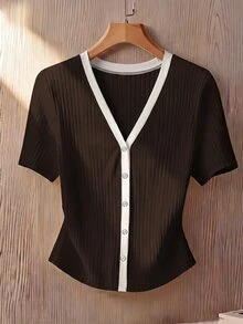 GlowEve CURVE Plus Size Contrast Color V-Neck White Ribbed Knit Short Sleeve Women Summer Fitted Slim Elegant T-Shirt - Brown - View 3