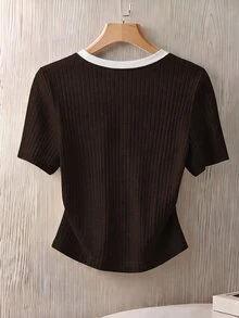 GlowEve CURVE Plus Size Contrast Color V-Neck White Ribbed Knit Short Sleeve Women Summer Fitted Slim Elegant T-Shirt - Brown - View 2