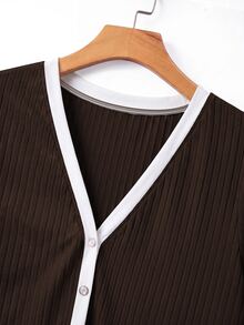 GlowEve CURVE Plus Size Contrast Color V-Neck White Ribbed Knit Short Sleeve Women Summer Fitted Slim Elegant T-Shirt - Brown - View 5