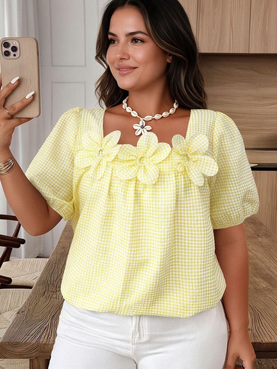Weeklong Plus Size Summer Casual Plaid 3D Floral Decor Shirt - Yellow - View 1