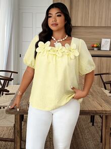 Weeklong Plus Size Summer Casual Plaid 3D Floral Decor Shirt - Yellow - View 4