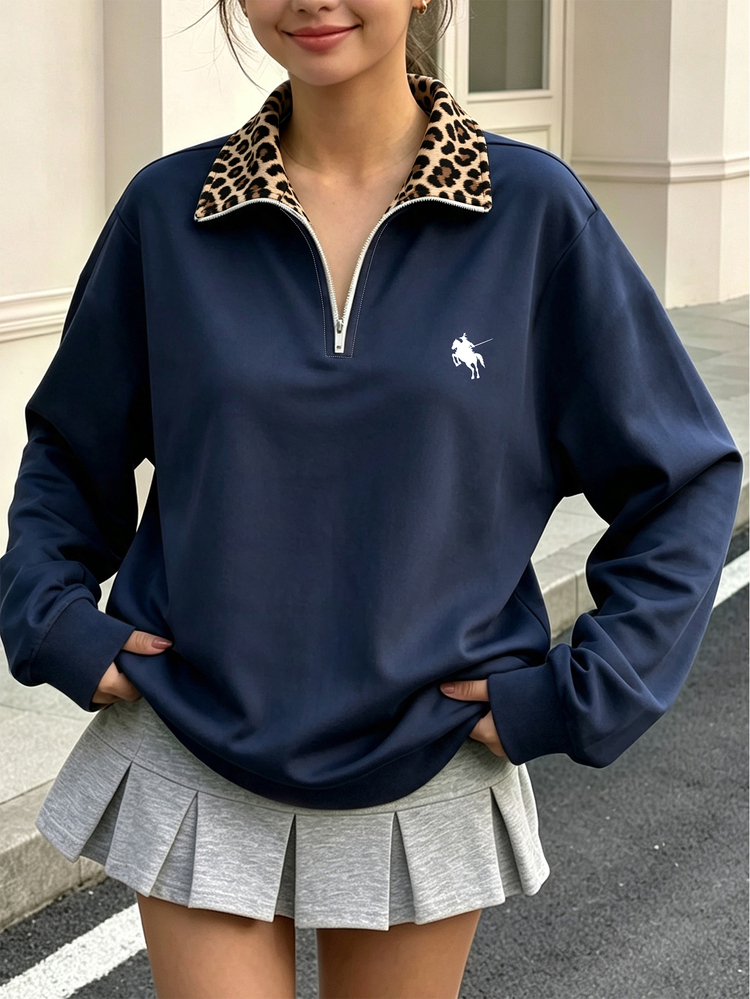 Teen Girls Fall Retro Leopard Print Half Zip Sweatshirt, Contrast Lapel Drop Shoulder Pullover Top, Preppy School Clothes Autumn Winter - Multicolor - View 4
