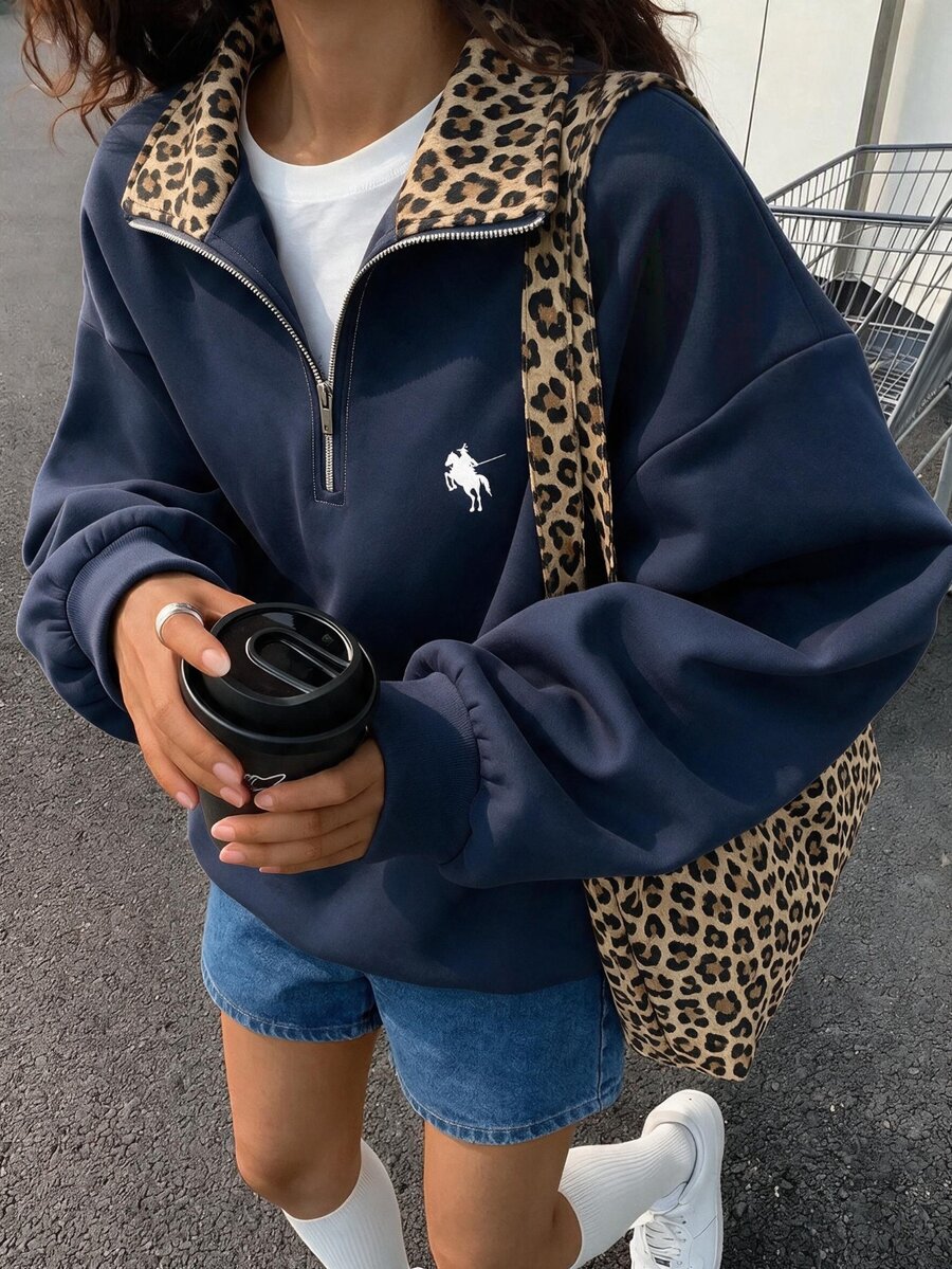 青少年女孩秋季復古豹紋半拉鍊運動衫,對比色領口落肩套頭上衣,學院風校園服飾,秋冬款 - 彩色 - 查看 1