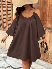 Weeklong Plus Size Coffee Brown Large Scoop Neck Gathered Split Flare 3/4 Sleeve H-Line Minimalist Casual A-Line Midi Dress For Outings, Dates, Parties And Vacations - Brown - View 6