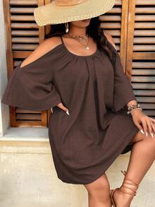 Weeklong Plus Size Coffee Brown Large Scoop Neck Gathered Split Flare 3/4 Sleeve H-Line Minimalist Casual A-Line Midi Dress For Outings, Dates, Parties And Vacations - Brown - View 4