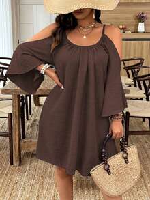 Weeklong Plus Size Coffee Brown Large Scoop Neck Gathered Split Flare 3/4 Sleeve H-Line Minimalist Casual A-Line Midi Dress For Outings, Dates, Parties And Vacations - Brown - View 1
