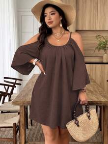 Weeklong Plus Size Coffee Brown Large Scoop Neck Gathered Split Flare 3/4 Sleeve H-Line Minimalist Casual A-Line Midi Dress For Outings, Dates, Parties And Vacations - Brown - View 7