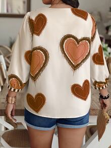 Weeklong Random Print Plus Size V-Neck Casual Versatile 3/4 Sleeve Shirt Fall/Winter - Multicolor - View 2