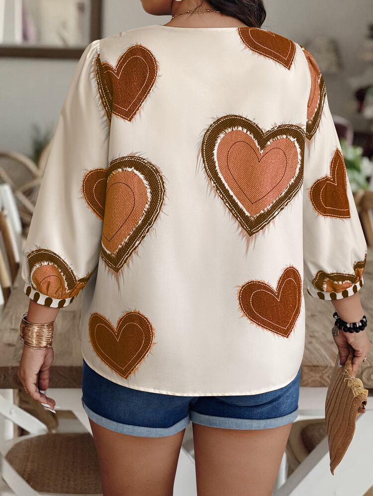 Weeklong Random Print Plus Size V-Neck Casual Versatile 3/4 Sleeve Shirt Fall/Winter - Multicolor - View 2