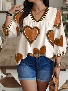 Weeklong Random Print Plus Size V-Neck Casual Versatile 3/4 Sleeve Shirt Fall/Winter - Multicolor - View 3