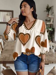 Weeklong Random Print Plus Size V-Neck Casual Versatile 3/4 Sleeve Shirt Fall/Winter - Multicolor - View 4
