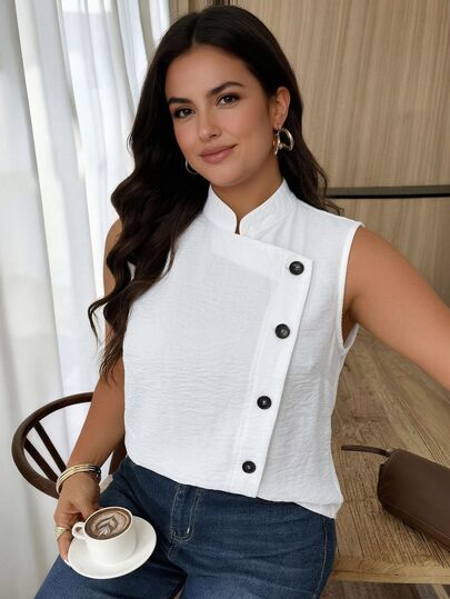 Weeklong Plus Size Women's Casual Vacation Contrast Button Loose Tank Top, Suitable For Daily Wear, Spring/Summer Elegant