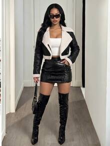 BamGleam Teddy Lined PU Leather Moto Jacket Fall Winter Cloth For Women - Black - View 2