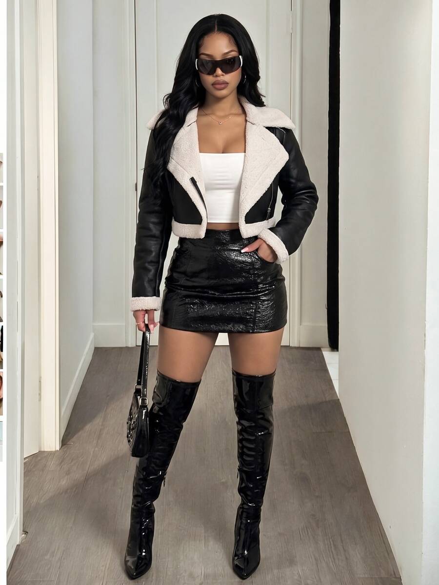 BamGleam Teddy Lined PU Leather Moto Jacket Fall Winter Cloth For Women