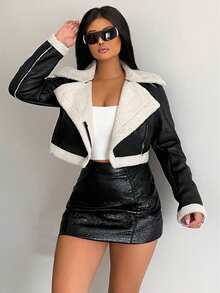 BamGleam Teddy Lined PU Leather Moto Jacket Fall Winter Cloth For Women - Black - View 4