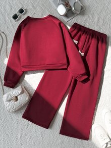 SHEIN Elladie kids 2pcs Big Girls Sweet Lace Bow Trim Crewneck Long Sleeve Wide Leg Pants Fleece Thick Sweatshirt Pants Set Outfits Fall Style Fall Outfits Autumn Winter - Burgundy - View 3