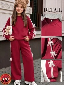 SHEIN Elladie kids 2pcs Big Girls Sweet Lace Bow Trim Crewneck Long Sleeve Wide Leg Pants Fleece Thick Sweatshirt Pants Set Outfits Fall Style Fall Outfits Autumn Winter - Burgundy - View 4
