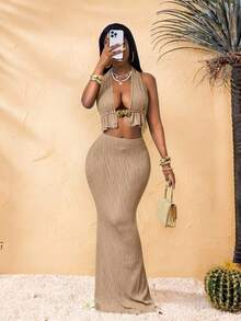 BamGleam Women's Solid Color Textured Split Hem Hollow Out Halter Neck Top And Skirt Sexy 2-Piece Set - Khaki - View 6