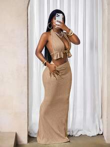 BamGleam Women's Solid Color Textured Split Hem Hollow Out Halter Neck Top And Skirt Sexy 2-Piece Set - Khaki - View 7