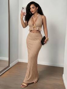 BamGleam Women's Solid Color Textured Split Hem Hollow Out Halter Neck Top And Skirt Sexy 2-Piece Set - Khaki - View 2