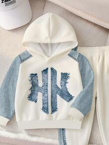 SHEIN 2pcs Baby Boys Casual Printed Letter Pattern Fleece Hooded Long Sleeve Sweatshirt And Matching Fleece Sweatpants Set, Suitable For Autumn/Winter - Multicolor - View 4