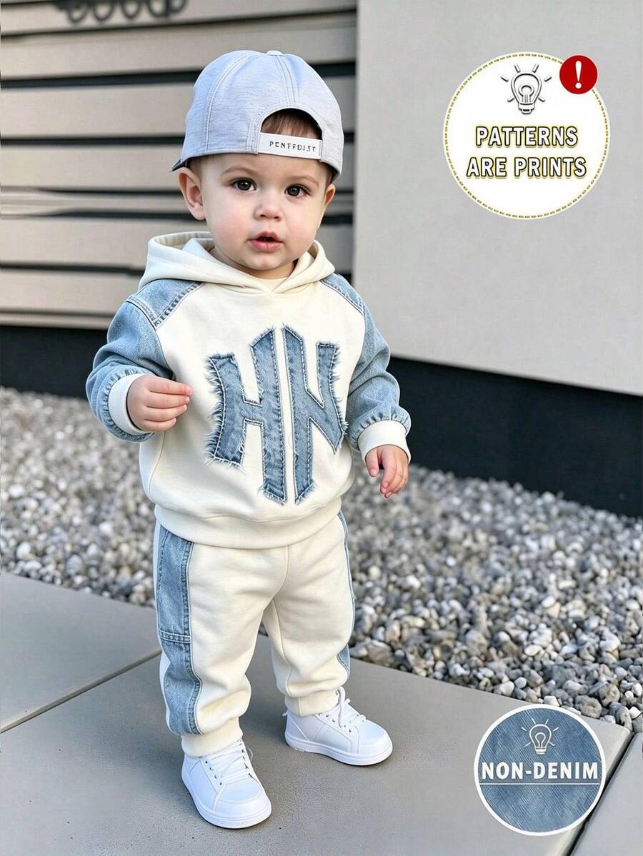 SHEIN 2pcs Baby Boys Casual Printed Letter Pattern Fleece Hooded Long Sleeve Sweatshirt And Matching Fleece Sweatpants Set, Suitable For Autumn/Winter - Multicolor - View 1