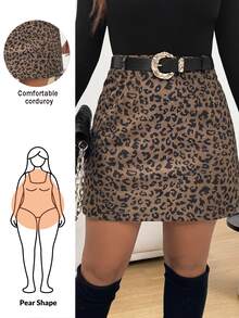 Shapeblank Plus Size Comfortable Casual Leopard Print Corduroy H-Line Fitted Medium Thick Women's Mini Skirt Spring Fall - Multicolor - View 2