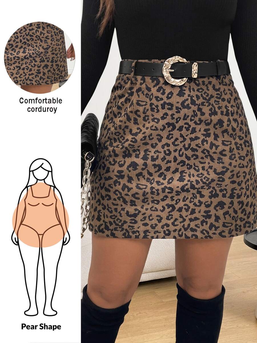 Shapeblank Plus Size Comfortable Casual Leopard Print Corduroy H-Line Fitted Medium Thick Women's Mini Skirt Spring Fall