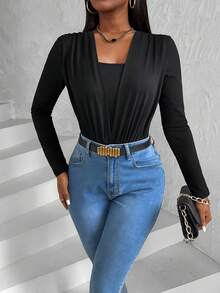 BamGleam Slayr Women's Spring And Summer Pleated Chest 2 In 1 Long Sleeve Fashion Bodysuit - Black - View 7