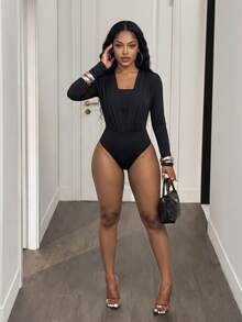 BamGleam Slayr Women's Spring And Summer Pleated Chest 2 In 1 Long Sleeve Fashion Bodysuit - Black - View 2