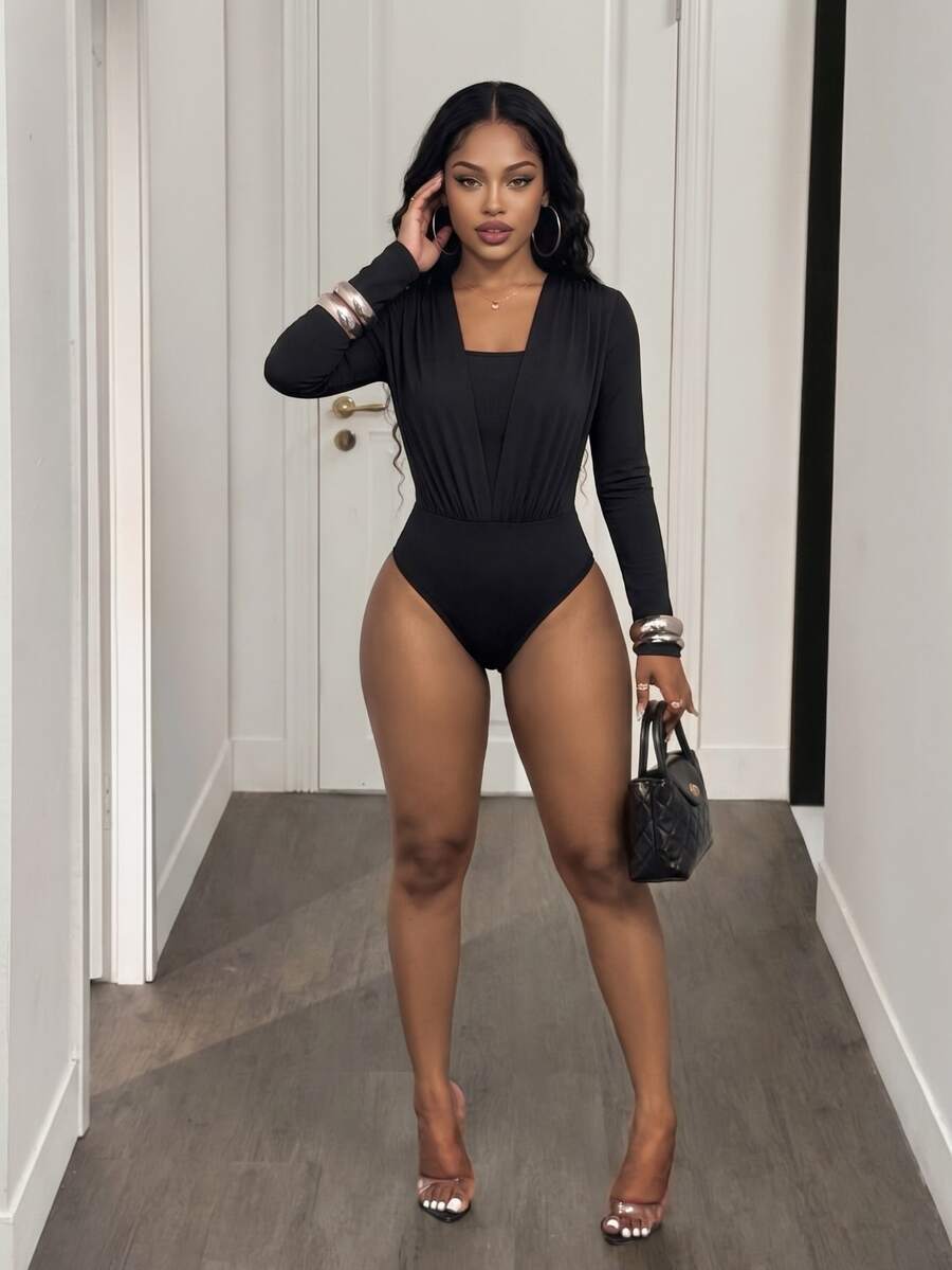 BamGleam Slayr Women's Spring And Summer Pleated Chest 2 In 1 Long Sleeve Fashion Bodysuit
