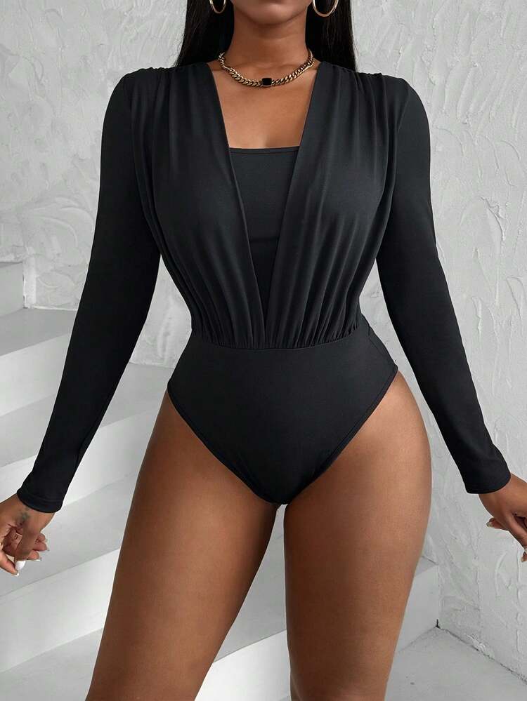 BamGleam Slayr Women's Spring And Summer Pleated Chest 2 In 1 Long Sleeve Fashion Bodysuit - Black - View 3