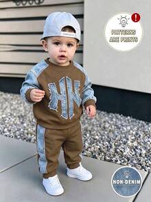SHEIN 2pcs Baby Boys Casual 3D Letter Print Crew Neck Fleece Long Sleeve Sweatshirt And Matching Fleece Sweatpants Set, Suitable For Autumn/Winter - Multicolor - View 1