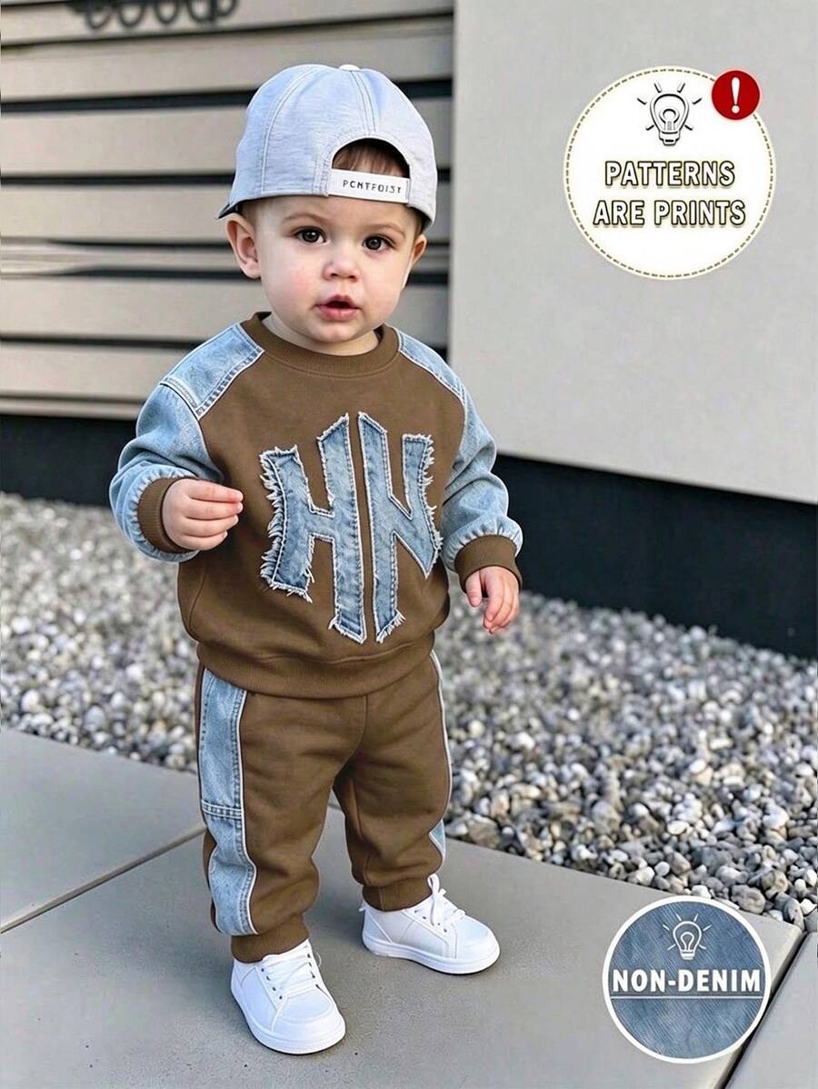 SHEIN 2pcs Baby Boys Casual 3D Letter Print Crew Neck Fleece Long Sleeve Sweatshirt And Matching Fleece Sweatpants Set, Suitable For Autumn/Winter - Multicolor - View 1
