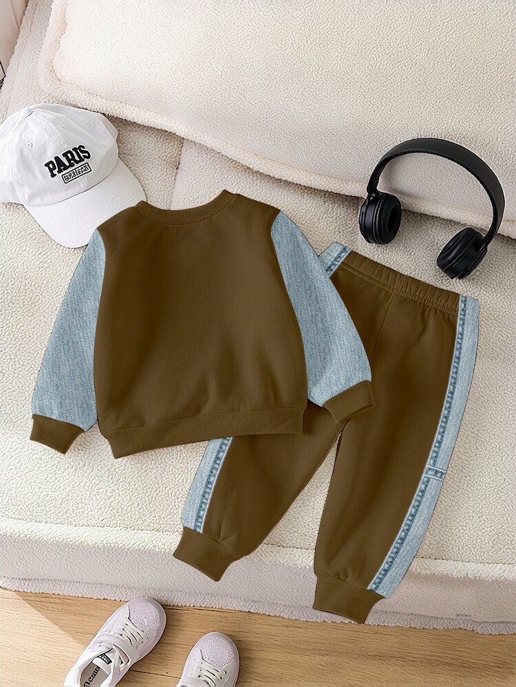 SHEIN 2pcs Baby Boys Casual 3D Letter Print Crew Neck Fleece Long Sleeve Sweatshirt And Matching Fleece Sweatpants Set, Suitable For Autumn/Winter - Multicolor - View 2