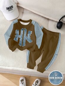 SHEIN 2pcs Baby Boys Casual 3D Letter Print Crew Neck Fleece Long Sleeve Sweatshirt And Matching Fleece Sweatpants Set, Suitable For Autumn/Winter - Multicolor - View 3