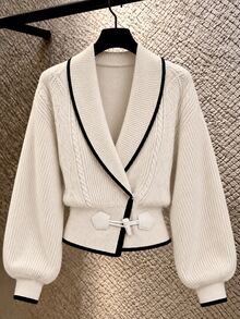 Omancia Women's Autumn/Winter Ribbed Cable Knit Turn-Down Collar Elegant Sweater Top - Apricot - View 8