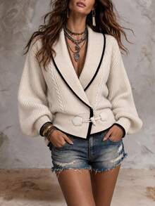 Omancia Women's Autumn/Winter Ribbed Cable Knit Turn-Down Collar Elegant Sweater Top - Apricot - View 1