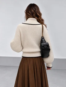Omancia Women's Autumn/Winter Ribbed Cable Knit Turn-Down Collar Elegant Sweater Top - Apricot - View 2