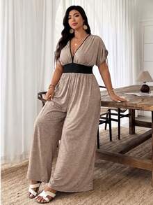 Weeklong Plus Size V-Neck Soft Knit Adjustable Shoulder Strap Short Sleeve Waist Knot Cable Knit Sleeve Drawstring Casual Comfortable Outing Vacation Jumpsuit - Multicolor - View 1