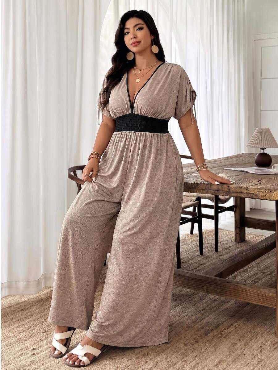 Weeklong Plus Size V-Neck Soft Knit Adjustable Shoulder Strap Short Sleeve Waist Knot Cable Knit Sleeve Drawstring Casual Comfortable Outing Vacation Jumpsuit - Multicolor - View 1