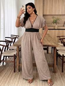 Weeklong Plus Size V-Neck Soft Knit Adjustable Shoulder Strap Short Sleeve Waist Knot Cable Knit Sleeve Drawstring Casual Comfortable Outing Vacation Jumpsuit - Multicolor - View 8
